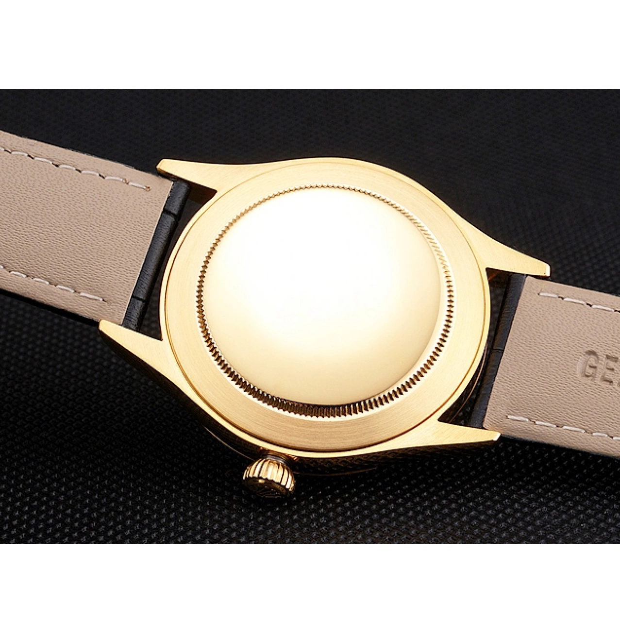 AAA replica watch Case Gold Swiss Black Leather Strap Datejust Black Dial Rolex 0728